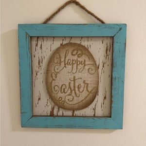 Happy Easter Sign Blue Spring Distressed Wood Wall Hanging Shelf Display 12 inch